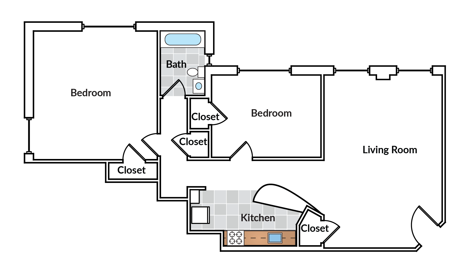 Floor plan for 2 beds, 1 bath, 1073 sqft